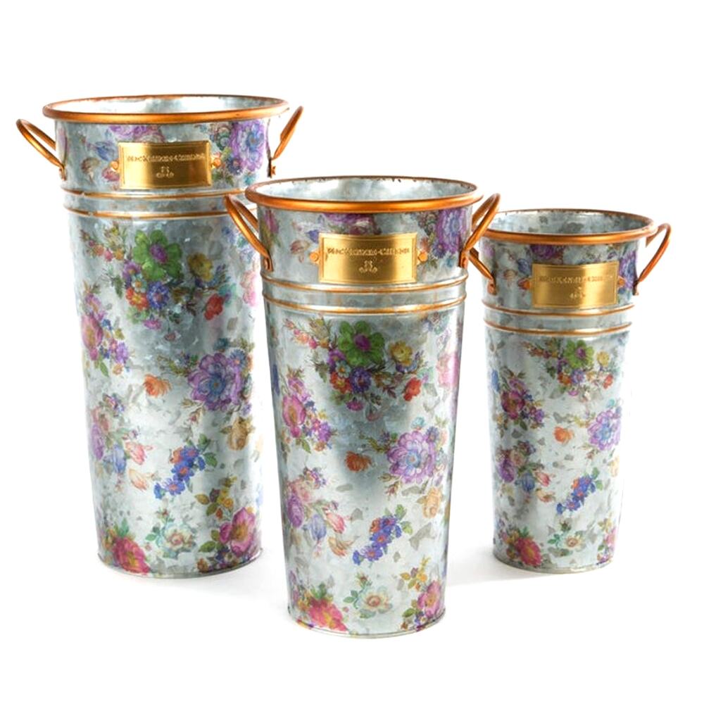 NEW Mackenzie-Childs Flower Market Galvanized Flower Buckets, Set of 3